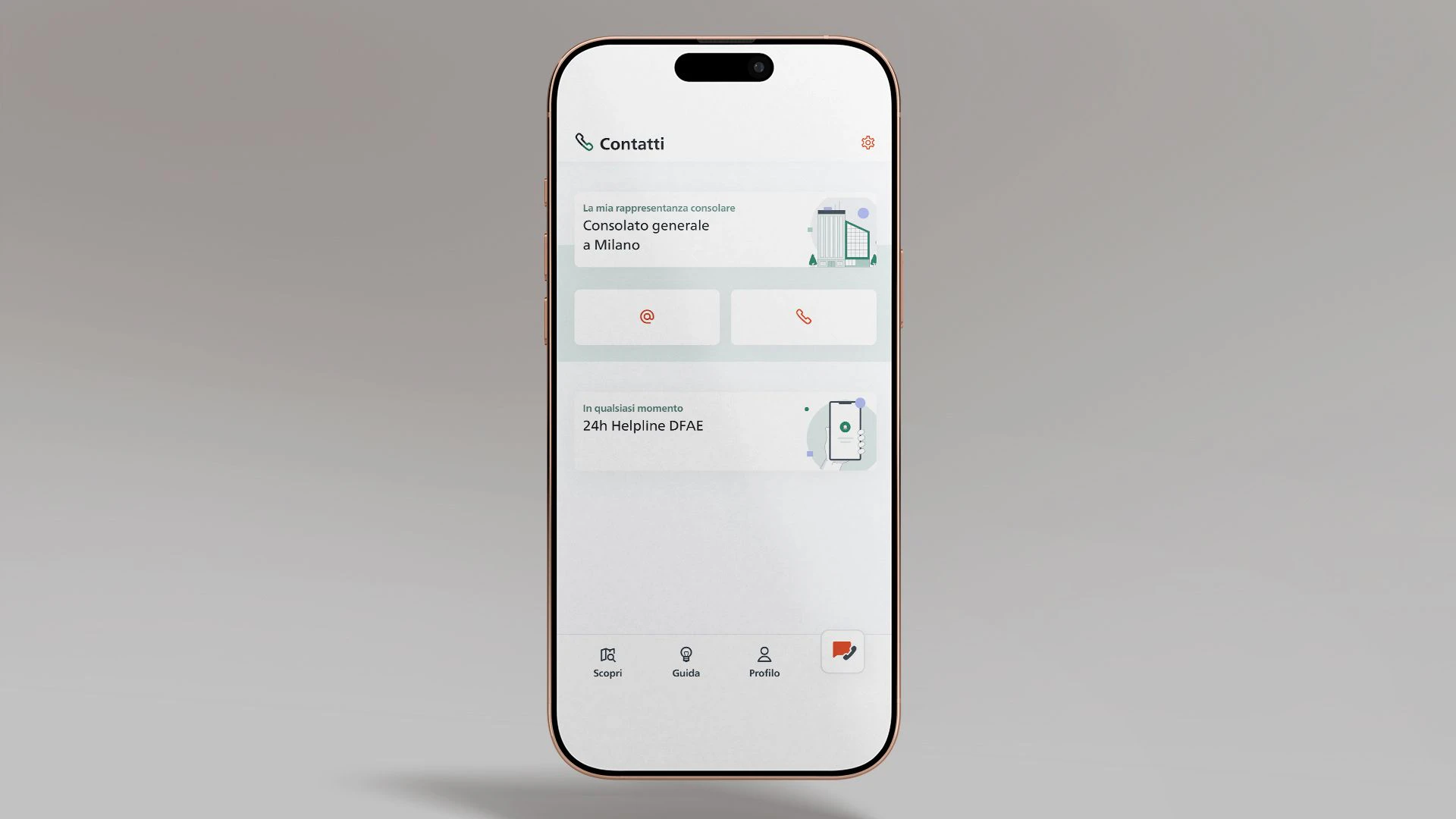 La figura mostra uno smartphone su cui è aperta la pagina «Contatti della rappresentanza» dell’app SwissInTouch.